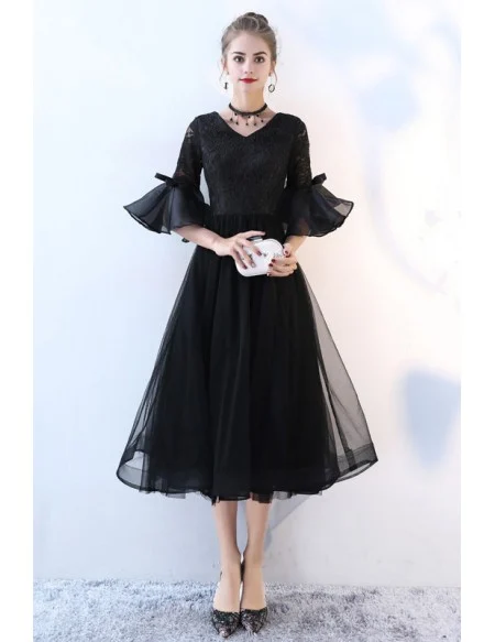 Black Tea Length Retro Homecoming Dress Lace With Flare Sleeves