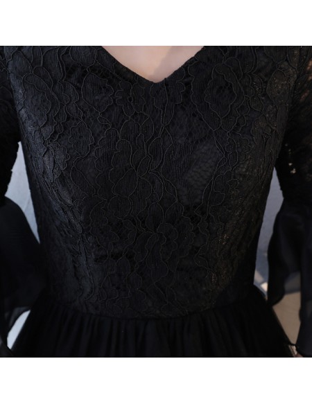 Black Tea Length Retro Homecoming Dress Lace With Flare Sleeves
