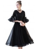 Black Tea Length Retro Homecoming Dress Lace With Flare Sleeves