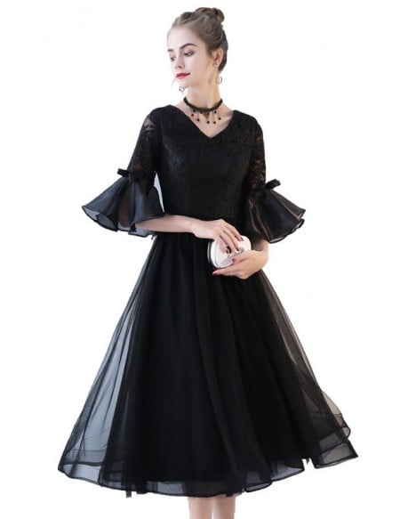 Black Tea Length Retro Homecoming Dress Lace With Flare Sleeves