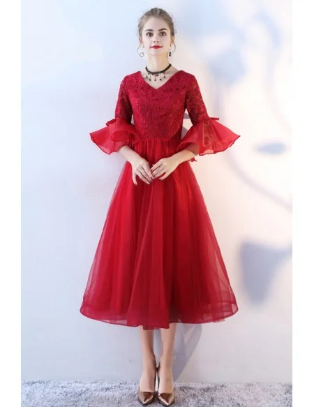 Black Tea Length Retro Homecoming Dress Lace With Flare Sleeves