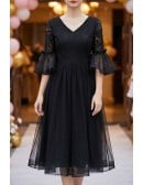 Black Tea Length Retro Homecoming Dress Lace With Flare Sleeves