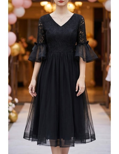 Black Tea Length Retro Homecoming Dress Lace With Flare Sleeves
