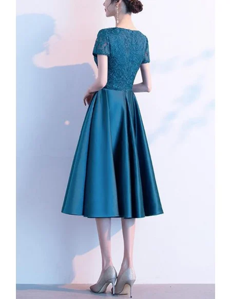 Elegant Satin Tea Length Party Dress With Lace Sleeves