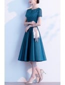 Elegant Satin Tea Length Party Dress With Lace Sleeves