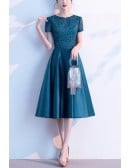 Elegant Satin Tea Length Party Dress With Lace Sleeves
