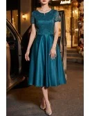Elegant Satin Tea Length Party Dress With Lace Sleeves