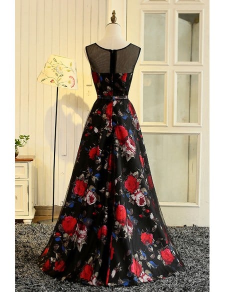 Unique Floral Printed Long Party Prom Dress Sleeveless