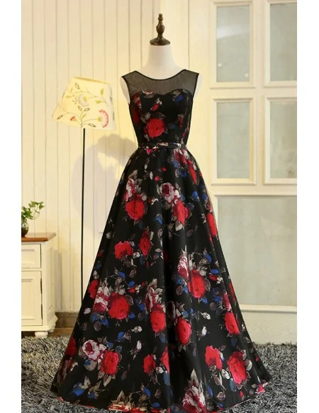 Unique Floral Printed Long Party Prom Dress Sleeveless