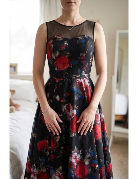 Unique Floral Printed Long Party Prom Dress Sleeveless