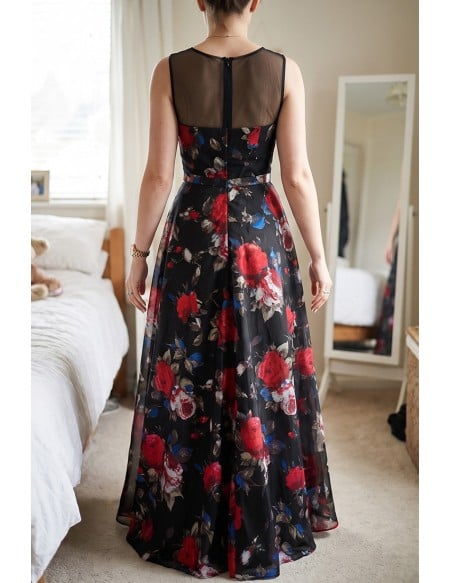 Unique Floral Printed Long Party Prom Dress Sleeveless