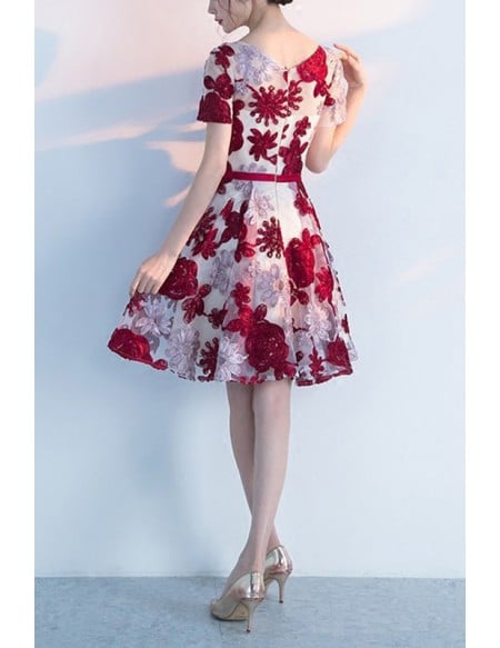 Cute Flowers Homecoming Dance Party Dress With Short Sleeves
