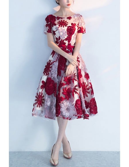Cute Flowers Homecoming Dance Party Dress With Short Sleeves