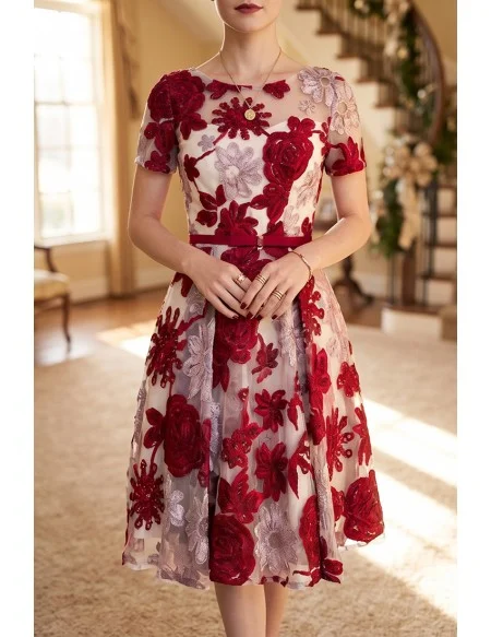 Cute Flowers Homecoming Dance Party Dress With Short Sleeves