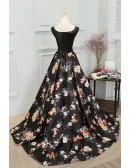 Unique Floral Prints Long Black Prom Dress Sleeveless