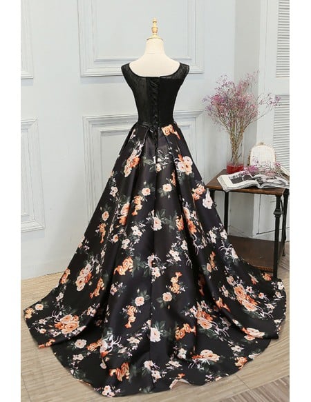 Unique Floral Prints Long Black Prom Dress Sleeveless