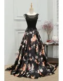 Unique Floral Prints Long Black Prom Dress Sleeveless