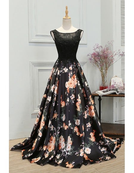 Unique Floral Prints Long Black Prom Dress Sleeveless