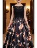 Unique Floral Prints Long Black Prom Dress Sleeveless