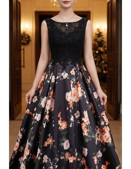 Unique Floral Prints Long Black Prom Dress Sleeveless
