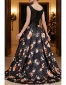 Unique Floral Prints Long Black Prom Dress Sleeveless