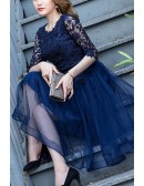 Navy Blue Lace Sleeve Homecoming Dress Knee Length