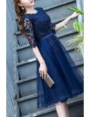 Navy Blue Lace Sleeve Homecoming Dress Knee Length