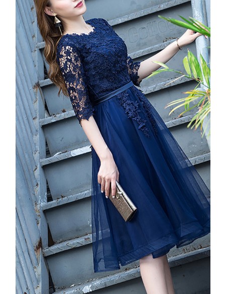 Navy Blue Lace Sleeve Homecoming Dress Knee Length