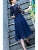 Navy Blue Lace Sleeve Homecoming Dress Knee Length