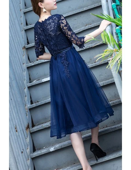 Navy Blue Lace Sleeve Homecoming Dress Knee Length