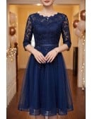 Navy Blue Lace Sleeve Homecoming Dress Knee Length