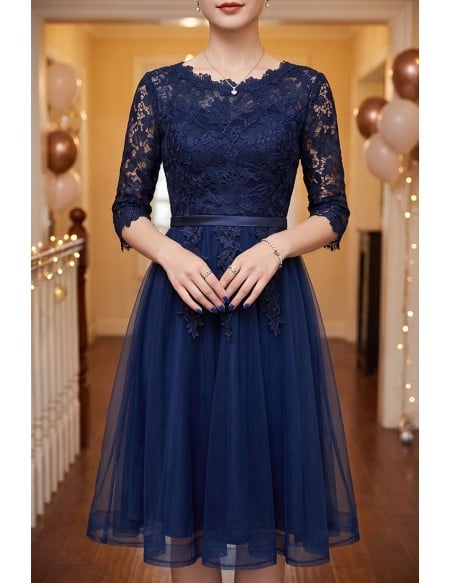 Navy Blue Lace Sleeve Homecoming Dress Knee Length