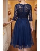 Navy Blue Lace Sleeve Homecoming Dress Knee Length