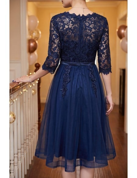 Navy Blue Lace Sleeve Homecoming Dress Knee Length