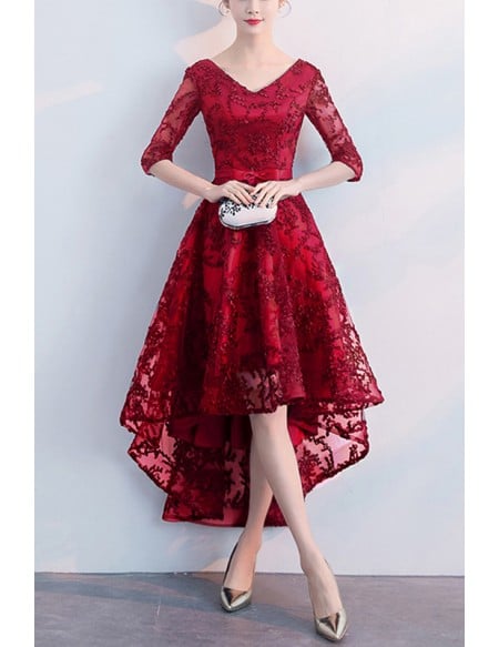 Modest Vneck Navy Homecoming Dress High Low With Sleeves