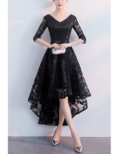 Modest Vneck Navy Homecoming Dress High Low With Sleeves