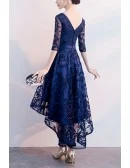 Modest Vneck Navy Homecoming Dress High Low With Sleeves