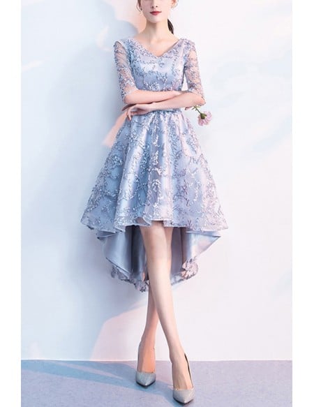 Modest Vneck Navy Homecoming Dress High Low With Sleeves