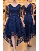 Modest Vneck Navy Homecoming Dress High Low With Sleeves