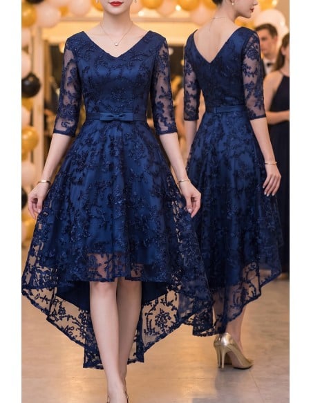 Modest Vneck Navy Homecoming Dress High Low With Sleeves