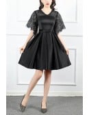 Navy Blue Short Pleated Homecoming Dress Vneck With Sleeves
