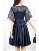 Navy Blue Short Pleated Homecoming Dress Vneck With Sleeves