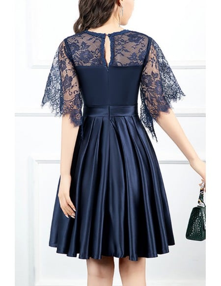 Navy Blue Short Pleated Homecoming Dress Vneck With Sleeves