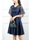 Navy Blue Short Pleated Homecoming Dress Vneck With Sleeves