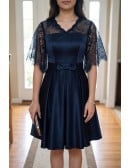 Navy Blue Short Pleated Homecoming Dress Vneck With Sleeves