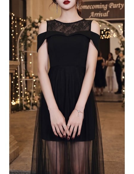 Sexy Black Tulle Sheath Party Dress With Cold Shoulder