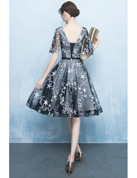 Cute Stars Short Tulle Homecoming Party Dress Vneck With Sleeves