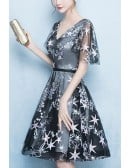 Cute Stars Short Tulle Homecoming Party Dress Vneck With Sleeves