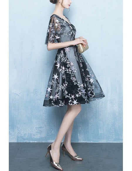 Cute Stars Short Tulle Homecoming Party Dress Vneck With Sleeves