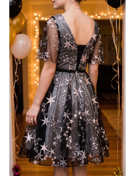 Cute Stars Short Tulle Homecoming Party Dress Vneck With Sleeves